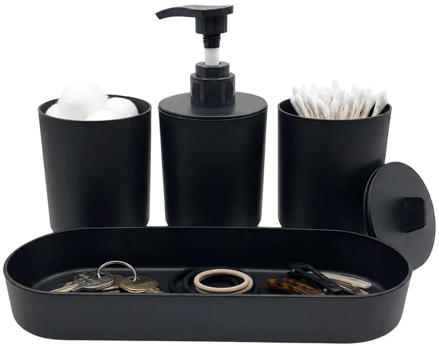 Main image of Black Bath Accessories Set 4-Pc Dispenser, Tumbler, Cup & Tray | Matte Black Finish, 8.5 oz/250ml Pump Dispenser,7.87"×2.56" Vanity Tray for dorm & small space, rental & Apartment Ready