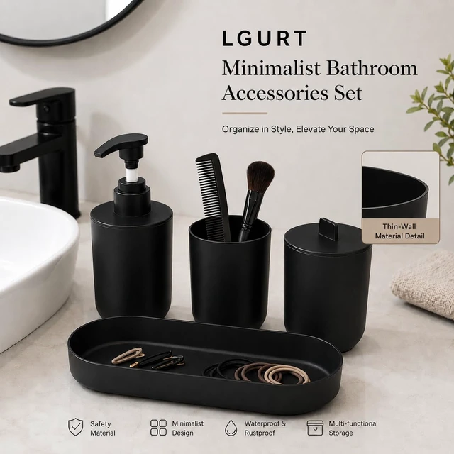 Alt view image 2 of 7 - Black Bath Accessories Set 4-Pc Dispenser, Tumbler, Cup & Tray | Matte Black Finish, 8.5 oz/250ml Pump Dispenser,7.87"×2.56" Vanity Tray for dorm & small space, rental & Apartment Ready