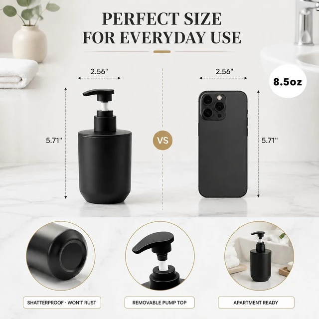 Alt view image 3 of 7 - Black Bath Accessories Set 4-Pc Dispenser, Tumbler, Cup & Tray | Matte Black Finish, 8.5 oz/250ml Pump Dispenser,7.87"×2.56" Vanity Tray for dorm & small space, rental & Apartment Ready