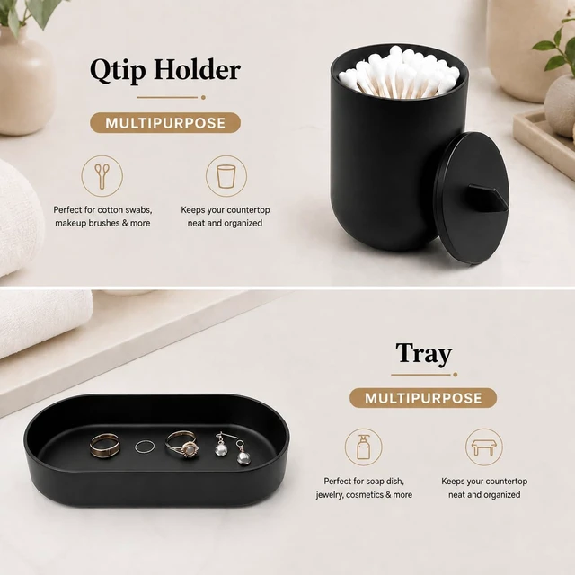Alt view image 5 of 7 - Black Bath Accessories Set 4-Pc Dispenser, Tumbler, Cup & Tray | Matte Black Finish, 8.5 oz/250ml Pump Dispenser,7.87"×2.56" Vanity Tray for dorm & small space, rental & Apartment Ready