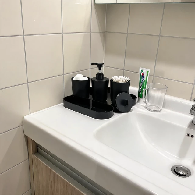 Alt view image 4 of 7 - Black Bath Accessories Set 4-Pc Dispenser, Tumbler, Cup & Tray | Matte Black Finish, 8.5 oz/250ml Pump Dispenser,7.87"×2.56" Vanity Tray for dorm & small space, rental & Apartment Ready