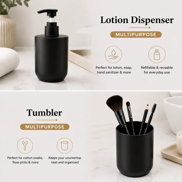 Alt view image 6 of 7 - Black Bath Accessories Set 4-Pc Dispenser, Tumbler, Cup & Tray | Matte Black Finish, 8.5 oz/250ml Pump Dispenser,7.87"×2.56" Vanity Tray for dorm & small space, rental & Apartment Ready