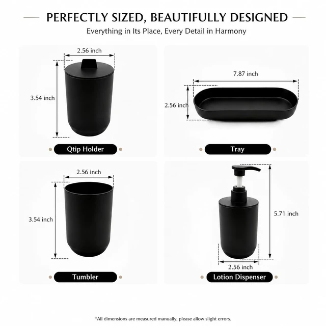 Alt view image 7 of 7 - Black Bath Accessories Set 4-Pc Dispenser, Tumbler, Cup & Tray | Matte Black Finish, 8.5 oz/250ml Pump Dispenser,7.87"×2.56" Vanity Tray for dorm & small space, rental & Apartment Ready