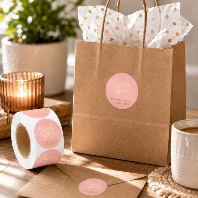 Alt view image 2 of 6 - 500 Pcs Thank You Stickers 1 Inch Thank You Sticker for Packaging Thank You Stickers for Small Business Thank You Label Stickers Self-Adhesive Labels (Pink &Gold~)