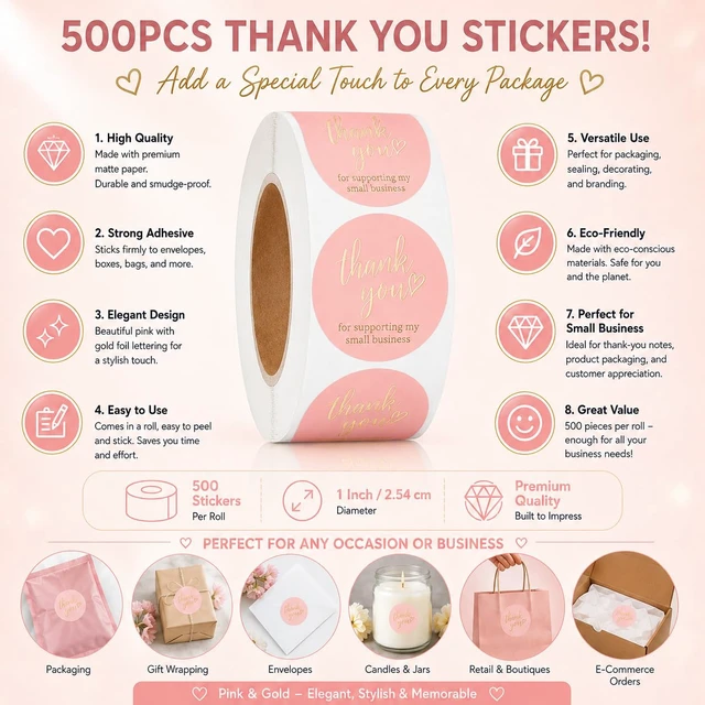 Alt view image 3 of 6 - 500 Pcs Thank You Stickers 1 Inch Thank You Sticker for Packaging Thank You Stickers for Small Business Thank You Label Stickers Self-Adhesive Labels (Pink &Gold~)
