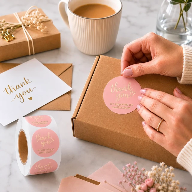 Alt view image 5 of 6 - 500 Pcs Thank You Stickers 1 Inch Thank You Sticker for Packaging Thank You Stickers for Small Business Thank You Label Stickers Self-Adhesive Labels (Pink &Gold~)