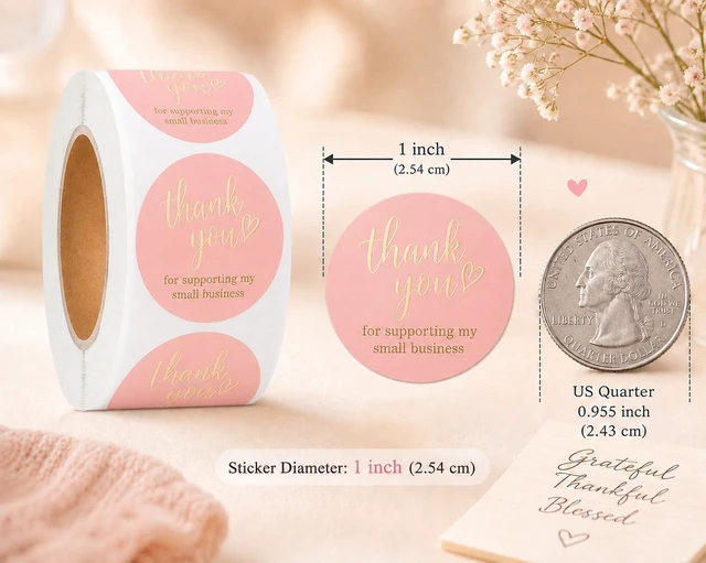 Alt view image 6 of 6 - 500 Pcs Thank You Stickers 1 Inch Thank You Sticker for Packaging Thank You Stickers for Small Business Thank You Label Stickers Self-Adhesive Labels (Pink &Gold~)