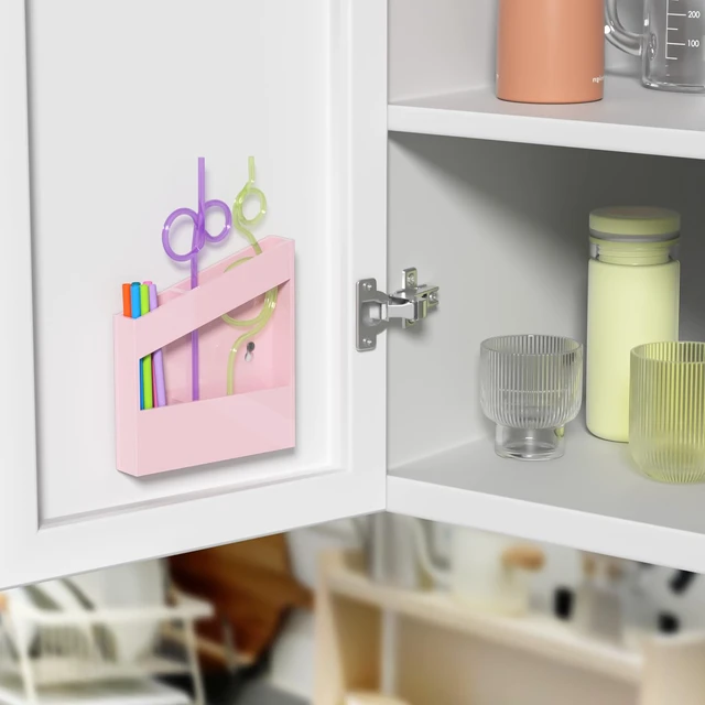 Alt view image 2 of 7 - Acrylic Straw Holder for Cabinet - 5.8 Inch Pink Reusable Straw Organizer Dispenser with Ultra Sticky Adhesive Tapes, Slanted Kitchen Accessories Container Cupboard Door Mounted