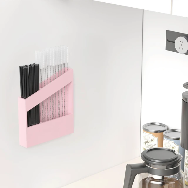 Alt view image 3 of 7 - Acrylic Straw Holder for Cabinet - 5.8 Inch Pink Reusable Straw Organizer Dispenser with Ultra Sticky Adhesive Tapes, Slanted Kitchen Accessories Container Cupboard Door Mounted