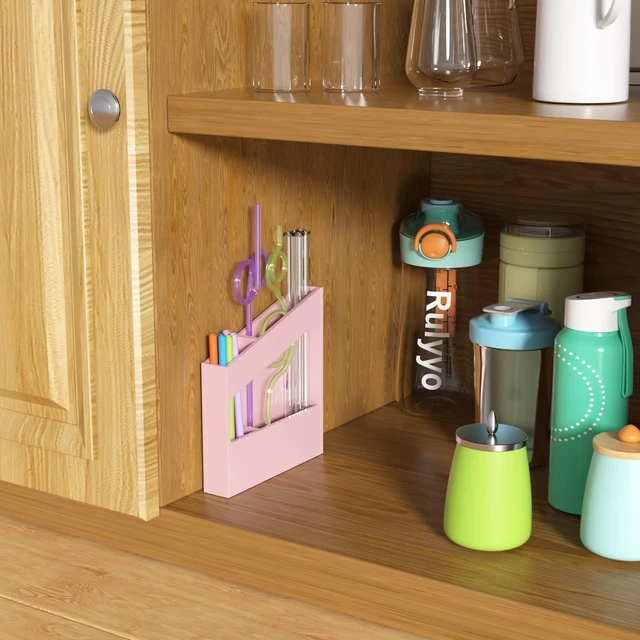Alt view image 5 of 7 - Acrylic Straw Holder for Cabinet - 5.8 Inch Pink Reusable Straw Organizer Dispenser with Ultra Sticky Adhesive Tapes, Slanted Kitchen Accessories Container Cupboard Door Mounted