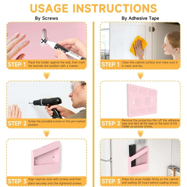 Alt view image 6 of 7 - Acrylic Straw Holder for Cabinet - 5.8 Inch Pink Reusable Straw Organizer Dispenser with Ultra Sticky Adhesive Tapes, Slanted Kitchen Accessories Container Cupboard Door Mounted