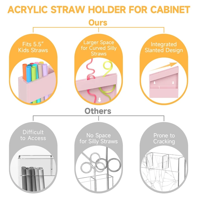 Alt view image 7 of 7 - Acrylic Straw Holder for Cabinet - 5.8 Inch Pink Reusable Straw Organizer Dispenser with Ultra Sticky Adhesive Tapes, Slanted Kitchen Accessories Container Cupboard Door Mounted