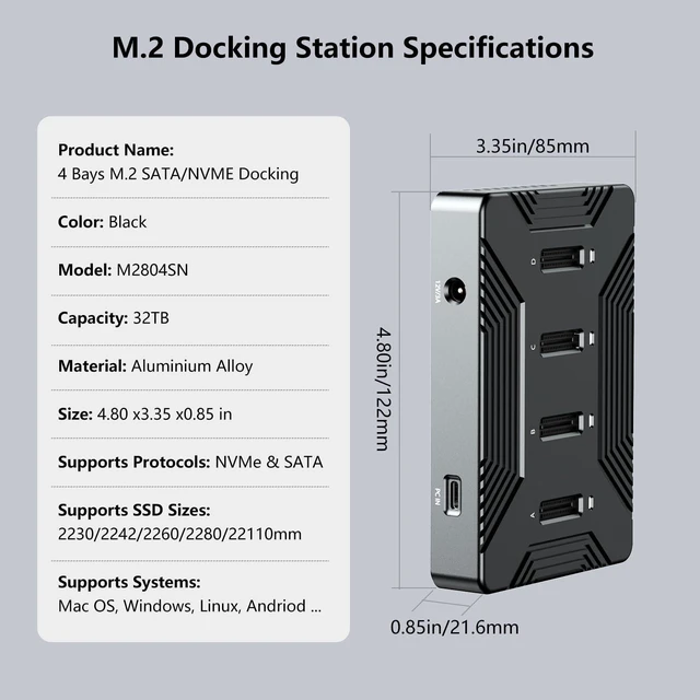 Alt view image 7 of 10 - MiliPow 4-Bay M.2 NVME SATA SSD Enclosure Tool-Free, USB 3.2 Gen 2 10Gbps External Hard Drive Docking Station for M.2 NVMe PCIe (M Key, B+M Key) and SATA NGFF (B+M Key), Up to 32TB