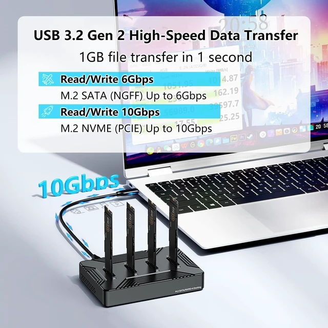 Alt view image 8 of 10 - MiliPow 4-Bay M.2 NVME SATA SSD Enclosure Tool-Free, USB 3.2 Gen 2 10Gbps External Hard Drive Docking Station for M.2 NVMe PCIe (M Key, B+M Key) and SATA NGFF (B+M Key), Up to 32TB