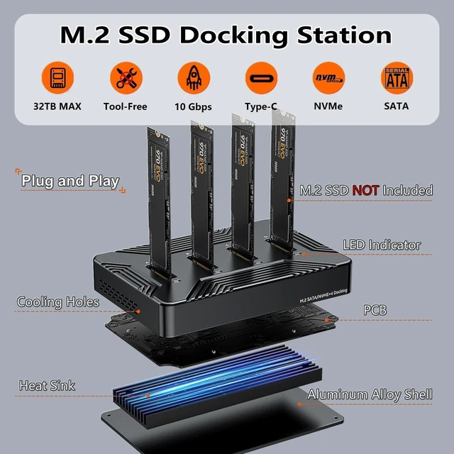 Alt view image 9 of 10 - MiliPow 4-Bay M.2 NVME SATA SSD Enclosure Tool-Free, USB 3.2 Gen 2 10Gbps External Hard Drive Docking Station for M.2 NVMe PCIe (M Key, B+M Key) and SATA NGFF (B+M Key), Up to 32TB