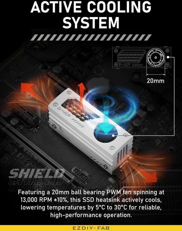 Alt view image 10 of 10 - EZDIY-FAB Shield M.2 SSD Heatsink with Build-in 20mm PWM Fan, Premium Aluminum Design, High-Performance SSD Cooler for M.2 2280-White-1 Pack