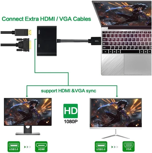 Alt view image 10 of 10 - USB 3.0 to VGA Adapter HD 1080P Multi-Display 2 in1 USB to Converter Audio Video Cable For Macbook Computer