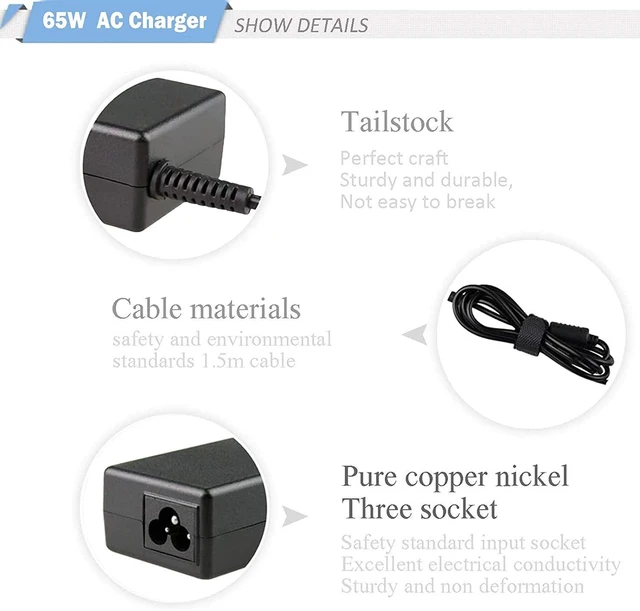 Alt view image 8 of 12 - 65W AC Adapter Laptop Charger 4.5x3.0mm Power Supply with Cord