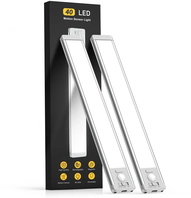 Alt view image 8 of 14 - 10inch Under Cabinet Lighting, 2 Pack Rechargeable Motion Sensor Light Indoor, 5 Levels Dimmable Magnetic Closet Lights, Wireless Under Counter Lights for Kitchen, Stairs