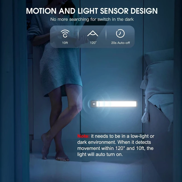 Alt view image 11 of 14 - 10inch Under Cabinet Lighting, 2 Pack Rechargeable Motion Sensor Light Indoor, 5 Levels Dimmable Magnetic Closet Lights, Wireless Under Counter Lights for Kitchen, Stairs
