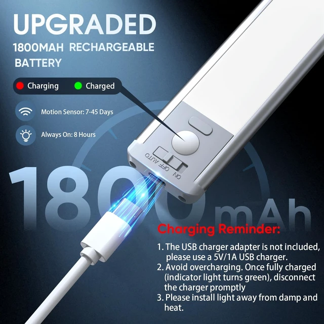Alt view image 12 of 14 - 10inch Under Cabinet Lighting, 2 Pack Rechargeable Motion Sensor Light Indoor, 5 Levels Dimmable Magnetic Closet Lights, Wireless Under Counter Lights for Kitchen, Stairs