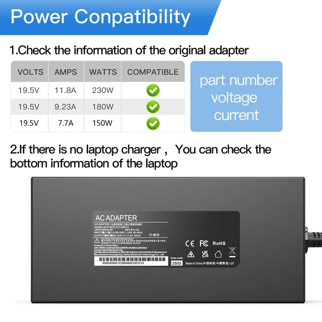 Alt view image 10 of 14 - 230W 19.5V 11.8A Laptop Charger for MSI Stealth GS66 GS65 GS75 WS65 WS66 WS75 WS76 MSI Creator 15 17 Chicony 230W Power Supply A17-230P1A (5.5 * 2.5mm)