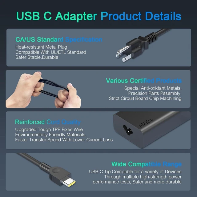Alt view image 12 of 14 - 100W USB C Laptop Charger for Lenovo Yoga Thinkpad Dell Latitude Inspiron HP Spectre ASUS ROG Chromebook MacBook Acer MSI Computer Watt Compatible with 90W 65W 45W PD 3.0 Type C Laptop Power Supply