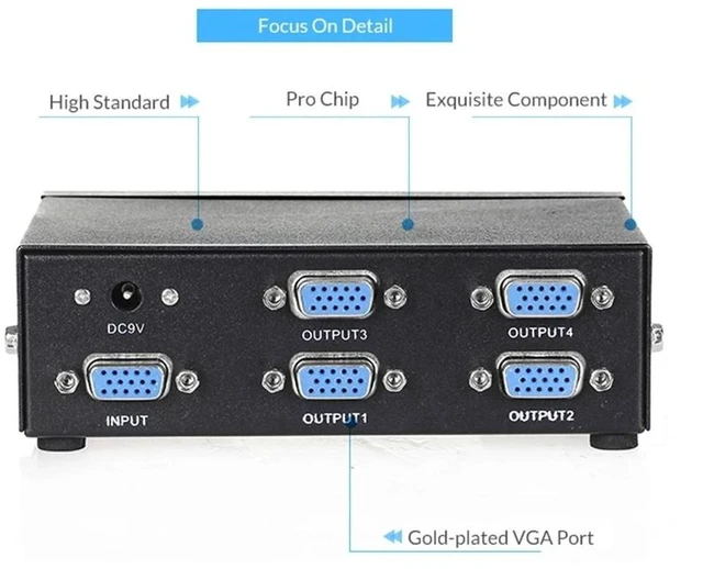 Alt view image 7 of 12 - 4 Port VGA Splitter 1 In 4 Out 1080P VGA Distributor Splitter 1x4 Video Screen Duplication Converter Support 200MHz Bandwidth(US Plug)