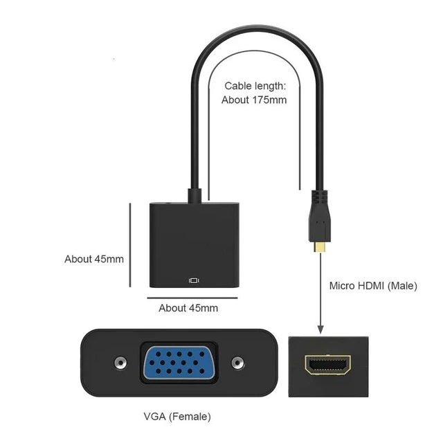 Alt view image 10 of 12 - Micro HDMI Input to VGA Output Connector Micro HDMI to VGA Cable Adapter 1080P for Camera Laptop PC HDTV PS4 Projector TV
