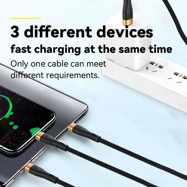 Alt view image 11 of 12 - 3 in 1 PD USB C Cable for iPhone 14 13 12 3in1 100W QC4.0 3.0 Fast Charging Micro USB Type C Cable for Macbook Samsung Xiaomi 1.5M (Gold 3in1)