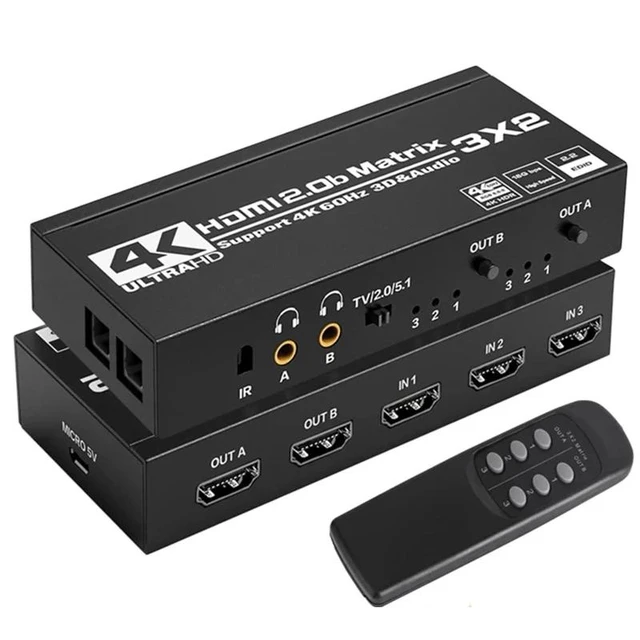 Alt view image 7 of 12 - 3x2 HDMI Matrix Switcher Audio Extractor 4K 60Hz HDMI Switch Splitter 3 in 2 out with SPDIF 3.5mm Audio Scaling Out HDR HDCP2.2(With US Plug)