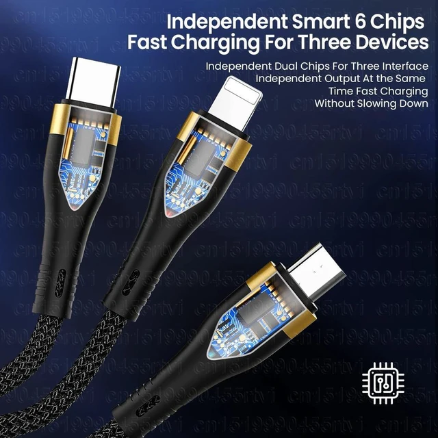 Alt view image 9 of 12 - 3 in 1 USB Cable 6A 100W Fast Charge for Huawei/Honor 3in1 2in1 Micro USB Type C Cable Charging Cable Cord For iPhone Samsung 1.2M(black)
