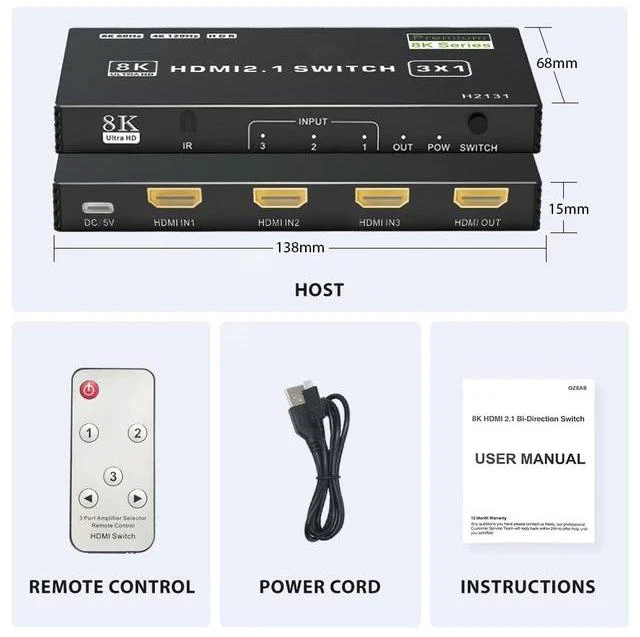 Alt view image 12 of 12 - 8K 60Hz HDMI 2.1 Switch 4x1 3x1 5x1 4K 120Hz HDMI Switch Selector Hub 4 in 1 out With IR Remote 8K 48Gbps for Xbox PS5 Projector(Switch 3x1)