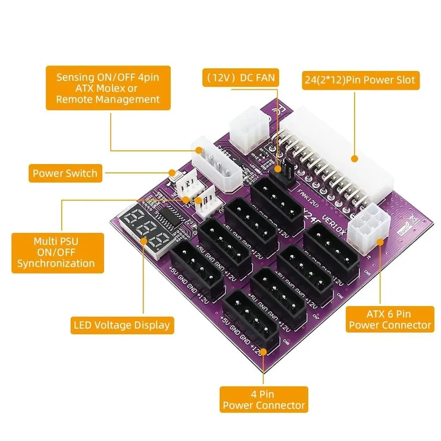 Alt view image 12 of 13 - Breakout Board 4Pin and 6Pin Power Connector LED Display 12V Power Module for CHIA Mining for GPU Graphics Card Miner Mining