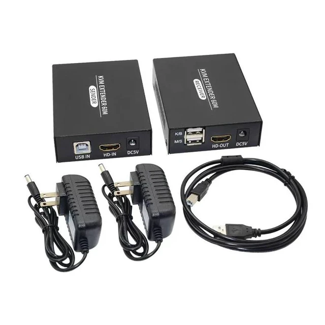 Alt view image 12 of 12 - KVM Extender 60M 1080P HDMI-compatible Over cat5e/6 Ethernet RJ45 LAN Cable USB-A Keyboard Mouse KVM Video Extend TX RX Adapter(With UK Plug)