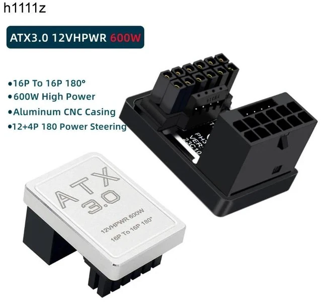 Alt view image 7 of 10 - PCIe5.0 Graphics Card ATX3.0 Power Adapter 12VHPWR 12+4 16Pin 600W Power Supply Adapter Male To Female 180 Degree Turn Connector(Sliver TYPE A)