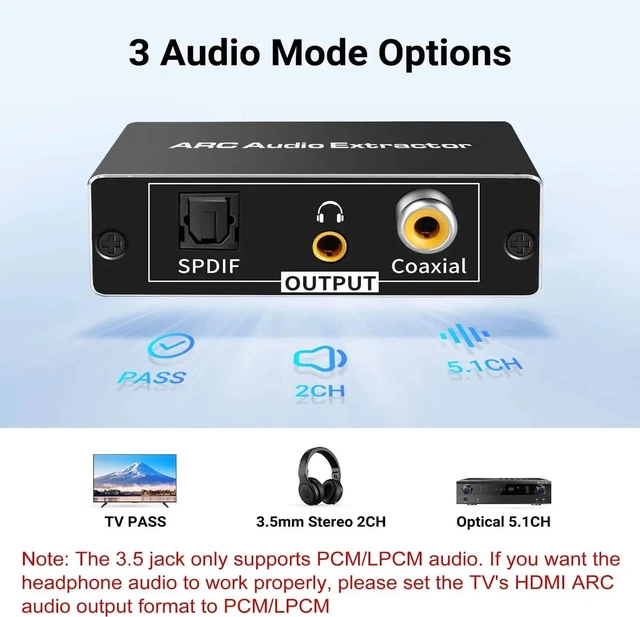 Alt view image 9 of 11 - HDMI ARC Extractor 192KHz ARC TV to Digital SPDIF Audio 5.1CH HDMI to Coaxial SPDIF Jack Extractor Return Channel Converter