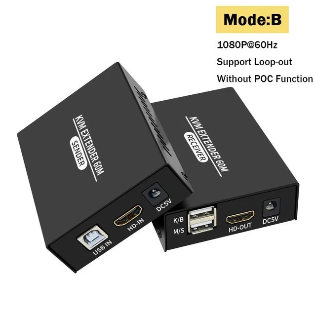 Alt view image 7 of 12 - 60M HDMI KVM Extender Over Single Cat5E/6 Ethernet Cable HDMI USB KVM Extender Transmitter Receiver Extension for Keyboard Mouse(UK Plug)
(Mode-B)