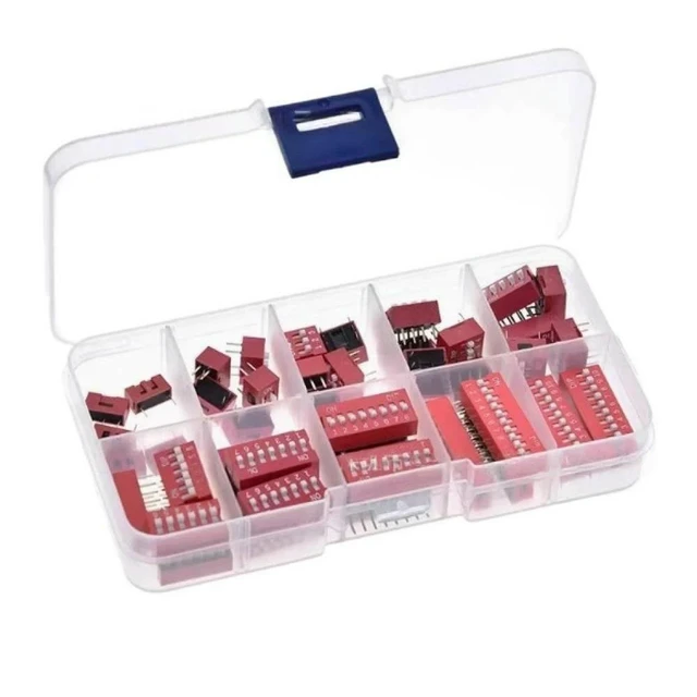 Alt view image 12 of 12 - 45PCS/Box Dip Switch Kit 1/2/3/4/5/6/7/8/9P Pitch 2.54mm Toggle Switch Red Snap Switches Mixed Kit Each 5PCS Combination Set