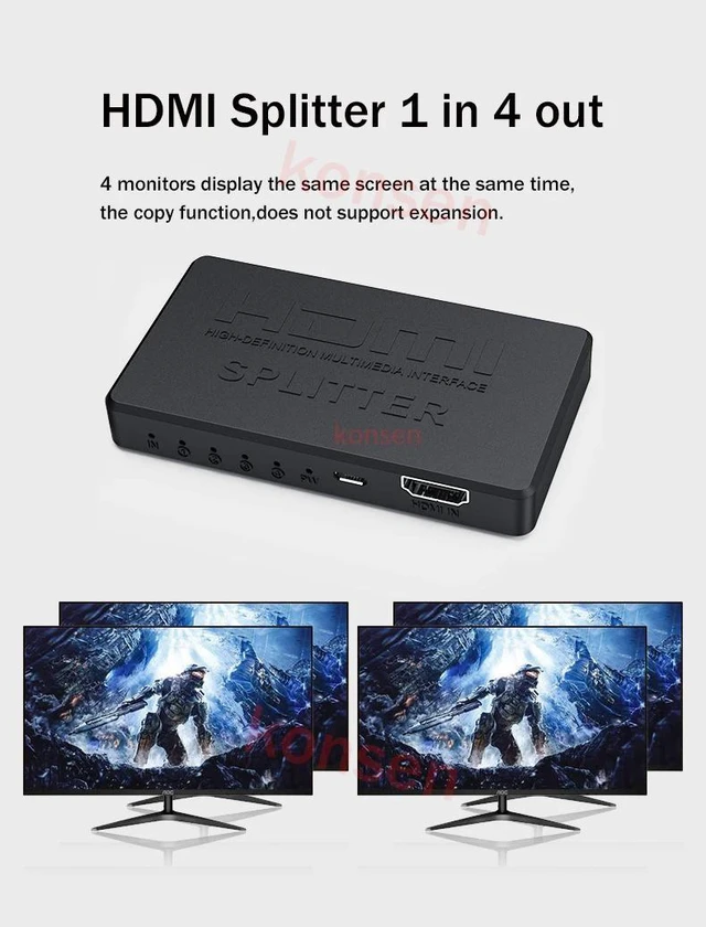 Alt view image 11 of 12 - 4K HDMI Splitter 1x4 Converter 1 in 4 out HDMI Video Distributor Splitter 1080P Display Duplicate Adapter for PC Loptop Monitor