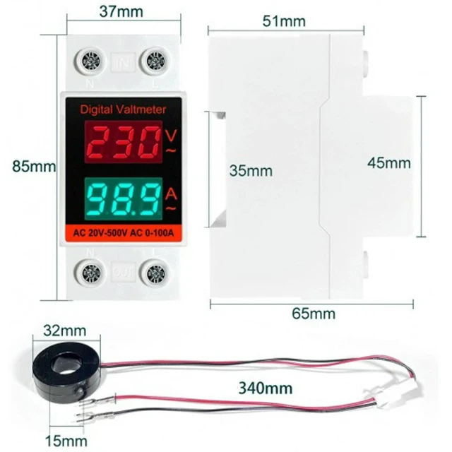 Alt view image 8 of 12 - Din Rail Voltmeter Ammeter 2 in 1 AC Monitor Single Phase Voltage Current Power Meter AC20-500V AC0-100A VOLT AMP Detector