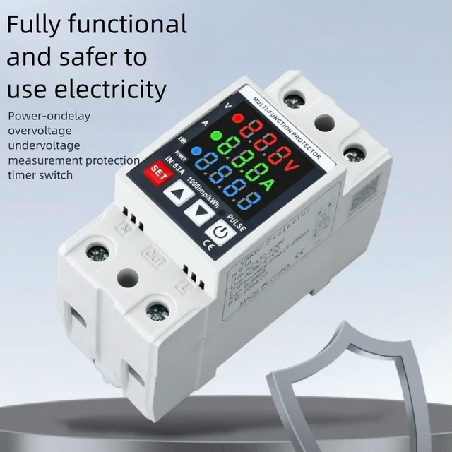 Alt view image 9 of 12 - 63A Din Rail 3-in-1 Display Adjustable Over Voltage Current and Under Voltage Protector Device Timer Relay Voltage Power Meter