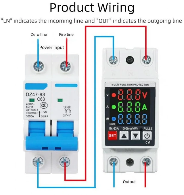 Alt view image 11 of 12 - 63A Din Rail 3-in-1 Display Adjustable Over Voltage Current and Under Voltage Protector Device Timer Relay Voltage Power Meter