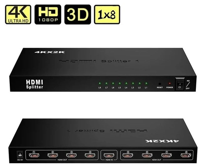 Alt view image 9 of 10 - 4K 30Hz HDMI Splitter 1X10 1x8 HDMI Video Distributor 1 in 10 out Video Amplifier 1080P 1x8 Splitter for TV PC Monitor Projector(US Plug)
(4K 1x8)