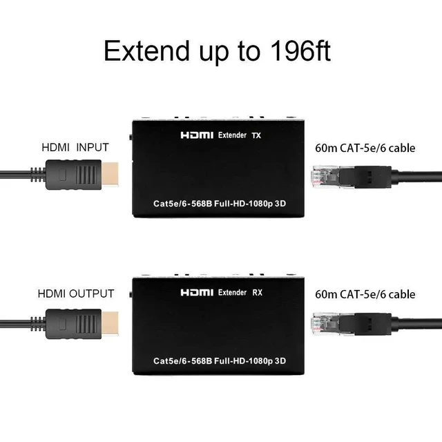 Alt view image 11 of 13 - 60M HDMI Extender over Cat5e/6 Cable 1080P HDMI to Ethernet RJ45 Extender Repeater Transmit Converter for PC Loptop TV Monitor(US Plug)
