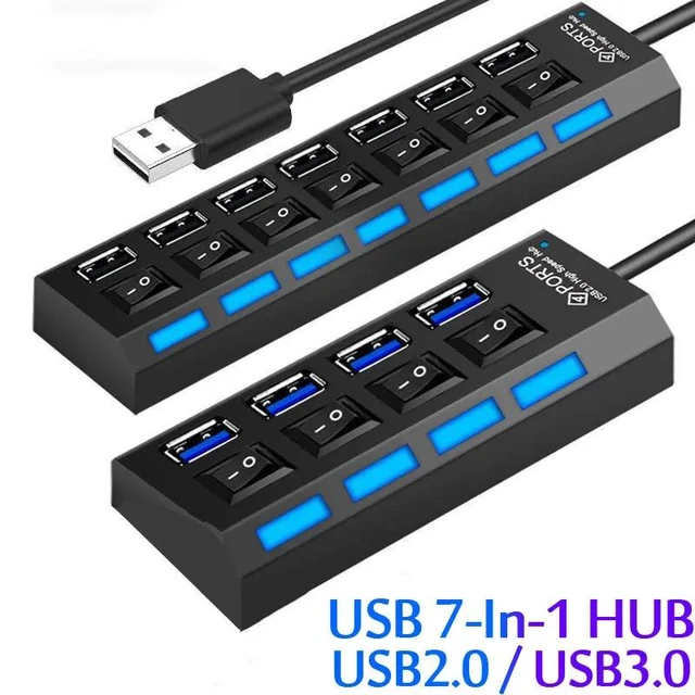 Alt view image 7 of 12 - USB 2.0 Hub USB Hub 2.0 Multi USB Splitter Hub Use Power Adapter 4/7 Port Multiple Expander USB 3.0 Hub with Switch 30CM Cable Color:brown(As the picture show)