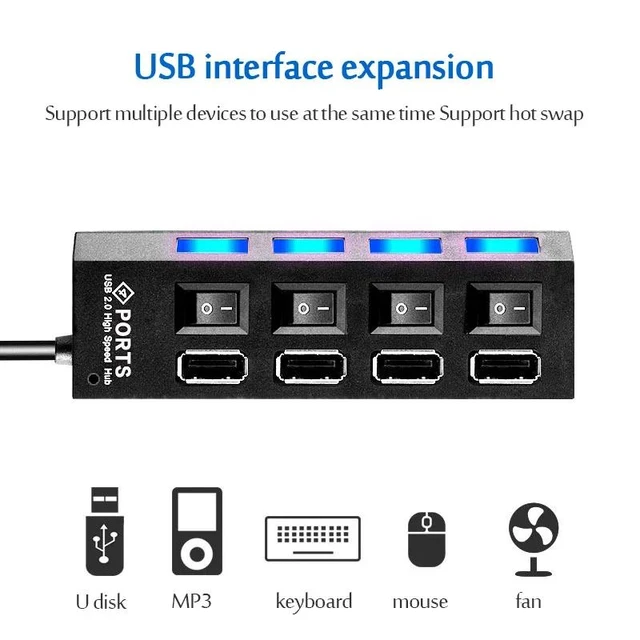 Alt view image 12 of 12 - USB 2.0 Hub USB Hub 2.0 Multi USB Splitter Hub Use Power Adapter 4/7 Port Multiple Expander USB 3.0 Hub with Switch 30CM Cable Color:brown(As the picture show)