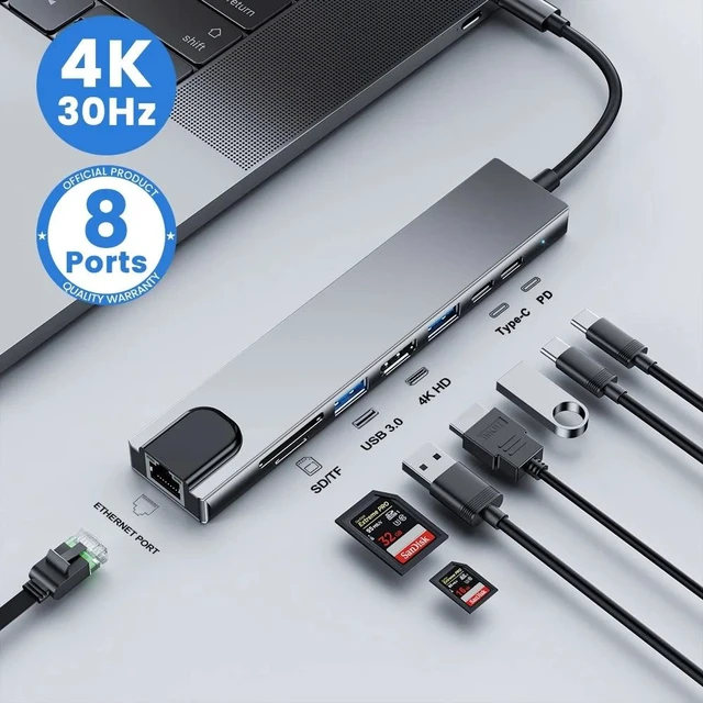 Alt view image 7 of 12 - USB C HUB Type C Splitter To HDMI 4K Thunderbolt 3 Docking Station Laptop Adapter With PD SD TF RJ45 For Macbook Air M1 iPad Pro Color: russet (5in1 PD RJ45)