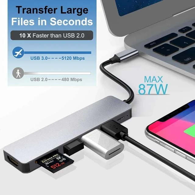 Alt view image 10 of 12 - USB C HUB Type C Splitter To HDMI 4K Thunderbolt 3 Docking Station Laptop Adapter With PD SD TF RJ45 For Macbook Air M1 iPad Pro Color: russet (5in1 PD RJ45)