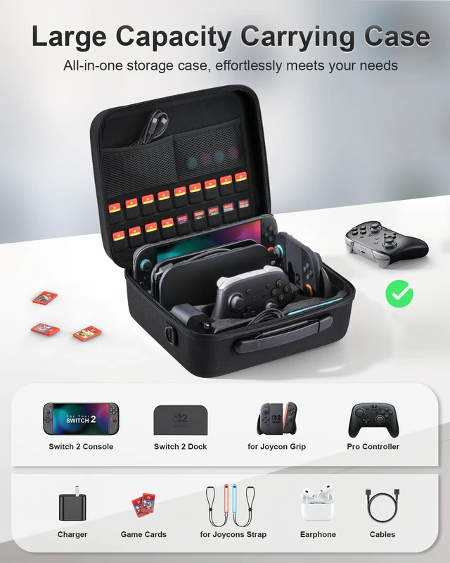 Alt view image 9 of 14 - Switch 2 All in One Carrying Case for Nintendo Switch 2, Portable Hard Travel Case with Game Card Slots, Portable Storage Carry Bag for Switch 2 Console Pro Controller Accessories